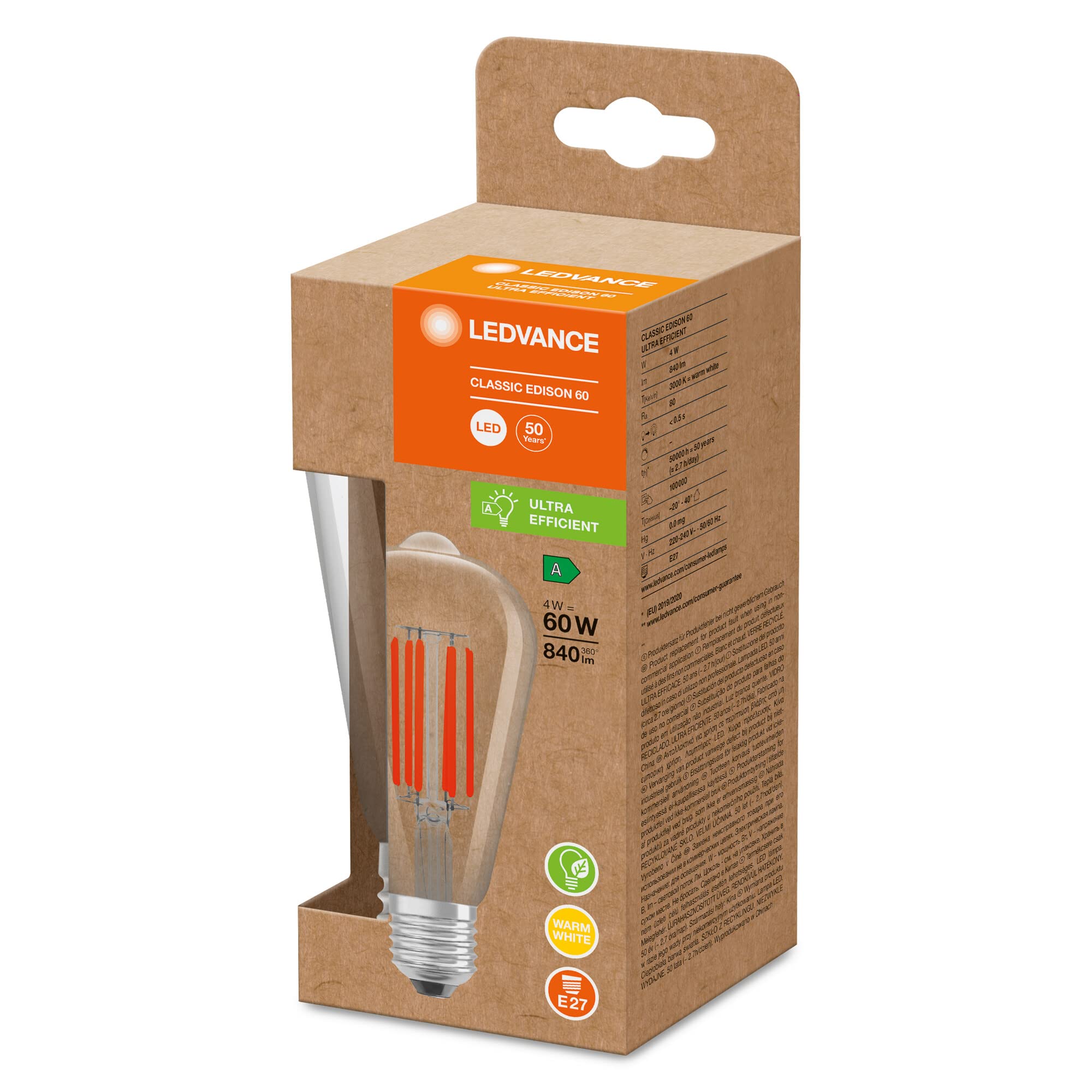 LEDVANCE Lámpara LED de ahorro de energía, filamento Edison, E27, blanco cálido (3000K), 4 vatios, sustituye a la bombilla de 60W, altamente eficiente y de ahorro de energía, paquete de 6