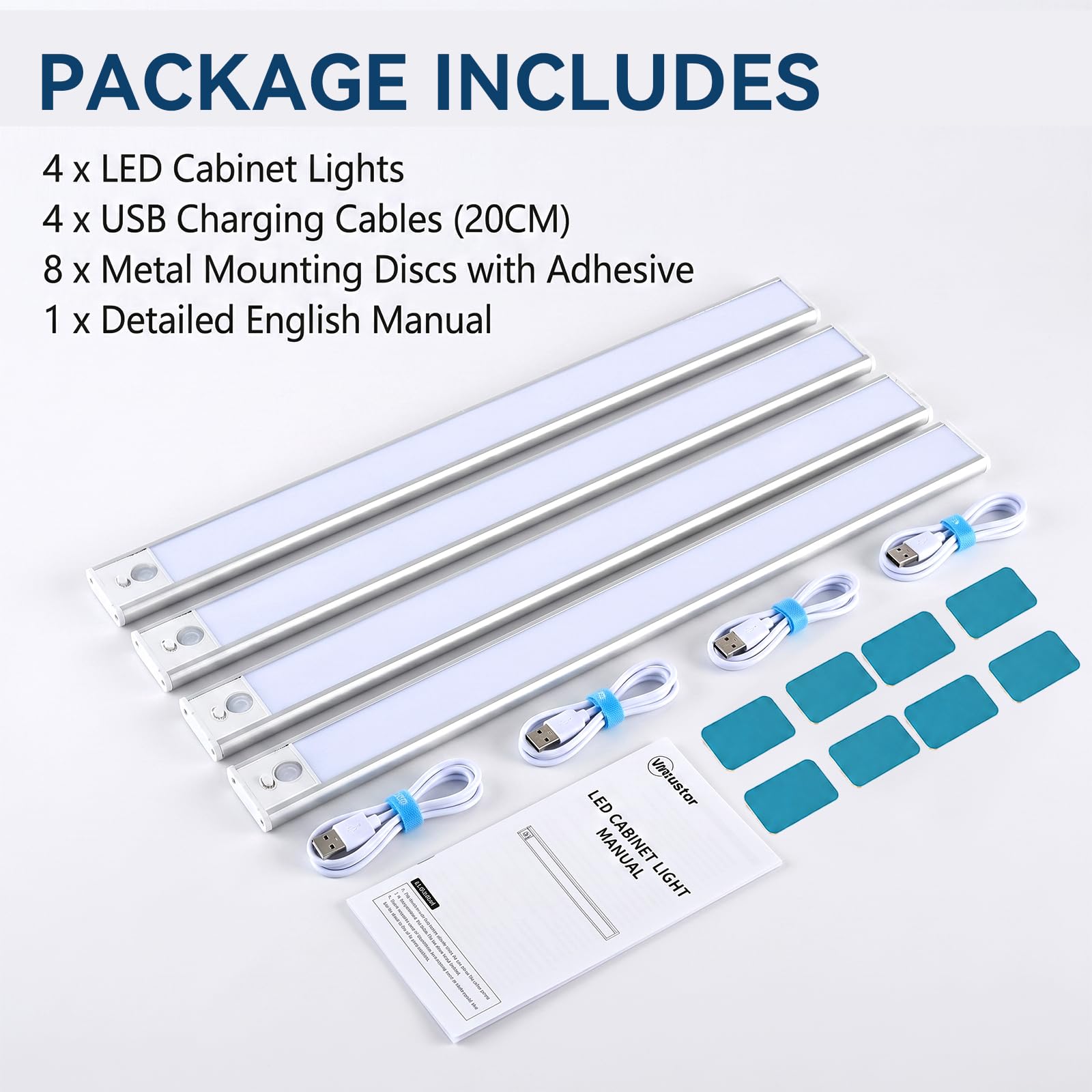 Confezione da 4 luci per armadietti, luce con sensore di movimento ricaricabile da 2200 mAh, luce costante 9H sempre accesa, 39,9 cm, senza fili, dimmerabile, luce notturna magnetica in 3