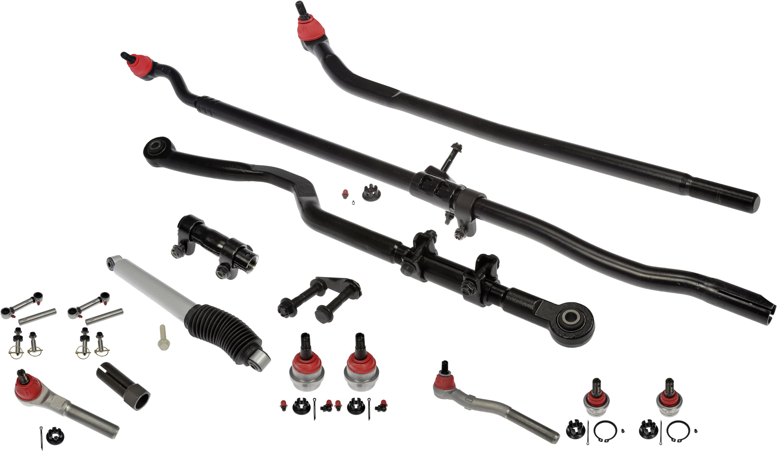 Dorman Steering Wobble Repair Kit SWS96305RD - Dorman SWS96305RD Suspension Steering Wobble Fix Kit Compatible with Select Jeep Models (OE FIX) - Steering Wobble Fix - Suspension Steering Wobble Fix Kit - Jeep Wrangler owners who regularly venture off-road love the strength and precise steering articulation of their vehicle's old-school solid front axle. But off the trail and at highway speeds, potholes or uneven pavement can cause sudden and sometimes violent front-end shaking that's uncomfortable and often alarming. This characteristic and infamous Jeep "wobble" is typically the result of a road shock that's transmitted directly through worn components in the original front suspension. This Dorman OE FIX steering wobble repair kit is designed to reduce the susceptibility of the Wrangler's solid front axle to this condition and help ensure more predictable and consistent steering performance. Our kit has a unique approach that includes three distinct fixes. First, we replace key wear items with more durable solutions, including upgraded ball joints that boast an oversized ball and convenient grease fittings for easy service during routine lube jobs. Second, we include a specially redesigned track bar. And third, we include a heavy-duty steering damper and quick-disconnect sway bar links for even better control and articulation when you go rock-crawling or mudding. Need to clear larger tires? The hardware you'll need is included for Wranglers lifted up to 4". This complete, three-pronged approach is built to put an end to the Wrangler wobble and create a better on-road and off-road experience. - Suspension Steering Wobble Fix Kit