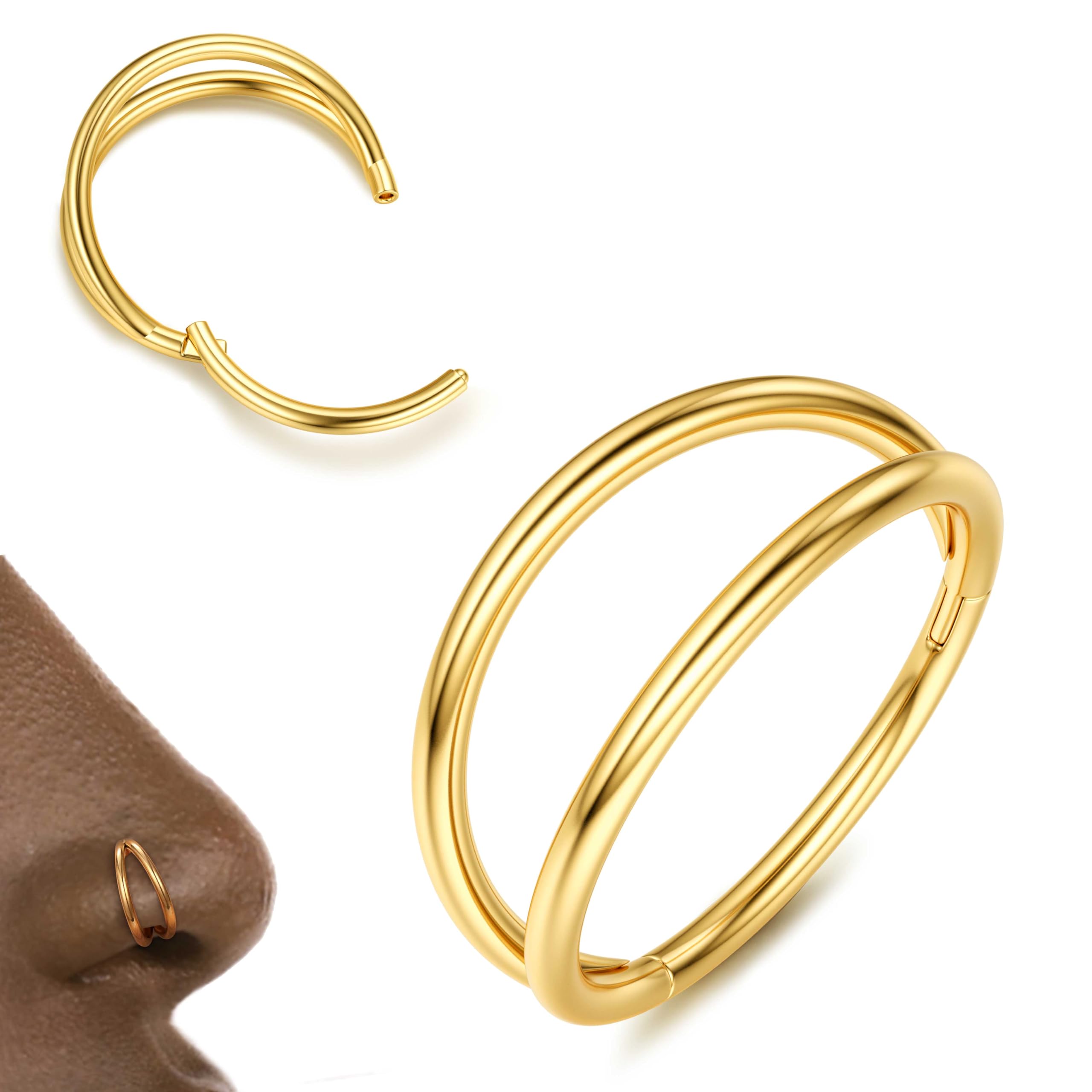 Diamday Triple/Doble Bisagra Anillos Piercing Nariz Aro- 316L de acero quirúrgico Clicker Septum Piercing Joyería Nariz Helix Lip Anillos Cartílago Pendiente Rook Tragus Body Piercing Joyería 18G 16G