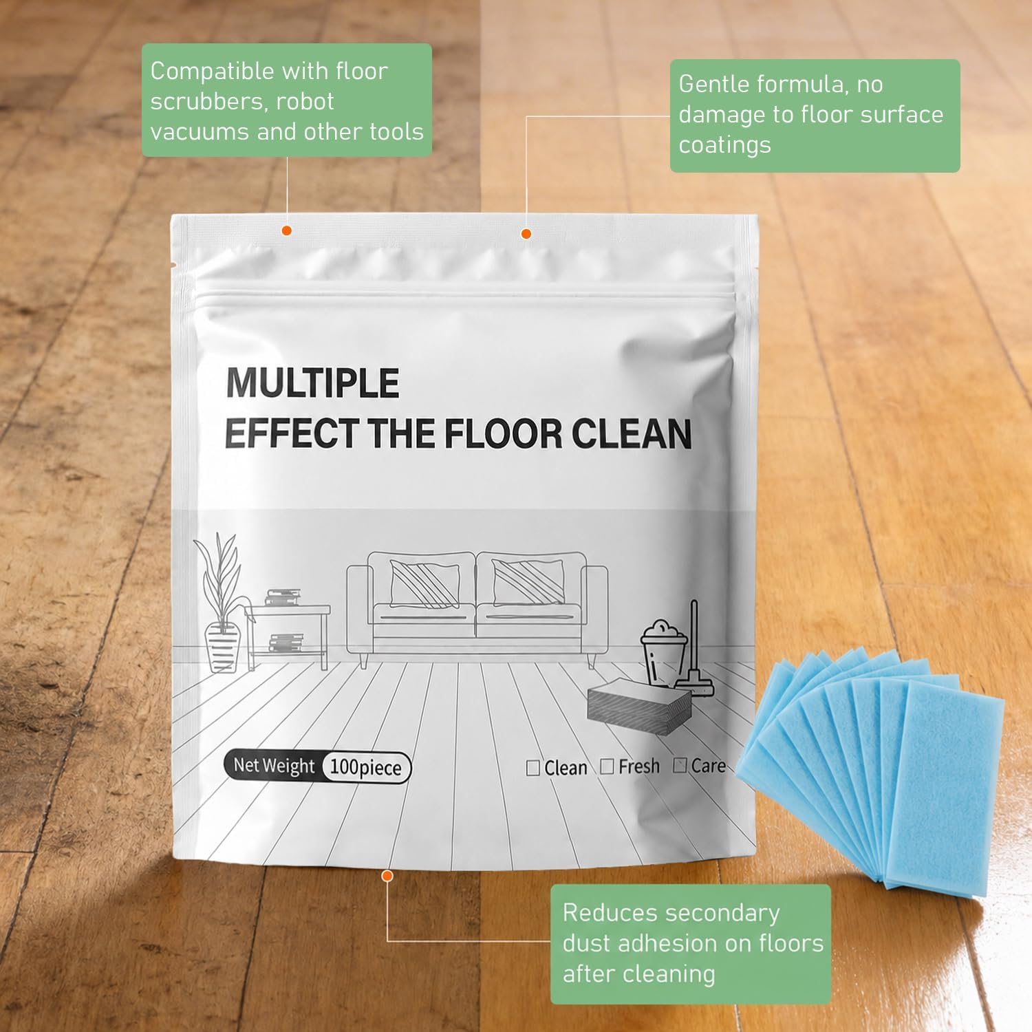 Multi-Surface Floor Cleaner Tablet, Multi-Effect Floor Cleaning Sheets, Multi Effect Floor Cleaner Sheets, Luxury Vinyl Plank & Wood Floors(Camellia Scent, 100PCS)