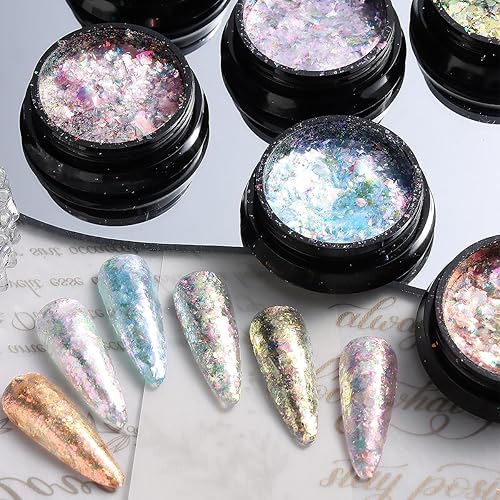 Miniatura 7 de Juego de purpurina iridiscente para uñas, 6 copos de polvo cromado, efecto Aurora para uñas, escamas de ópalo de fuego de cristal rosa, azul,
