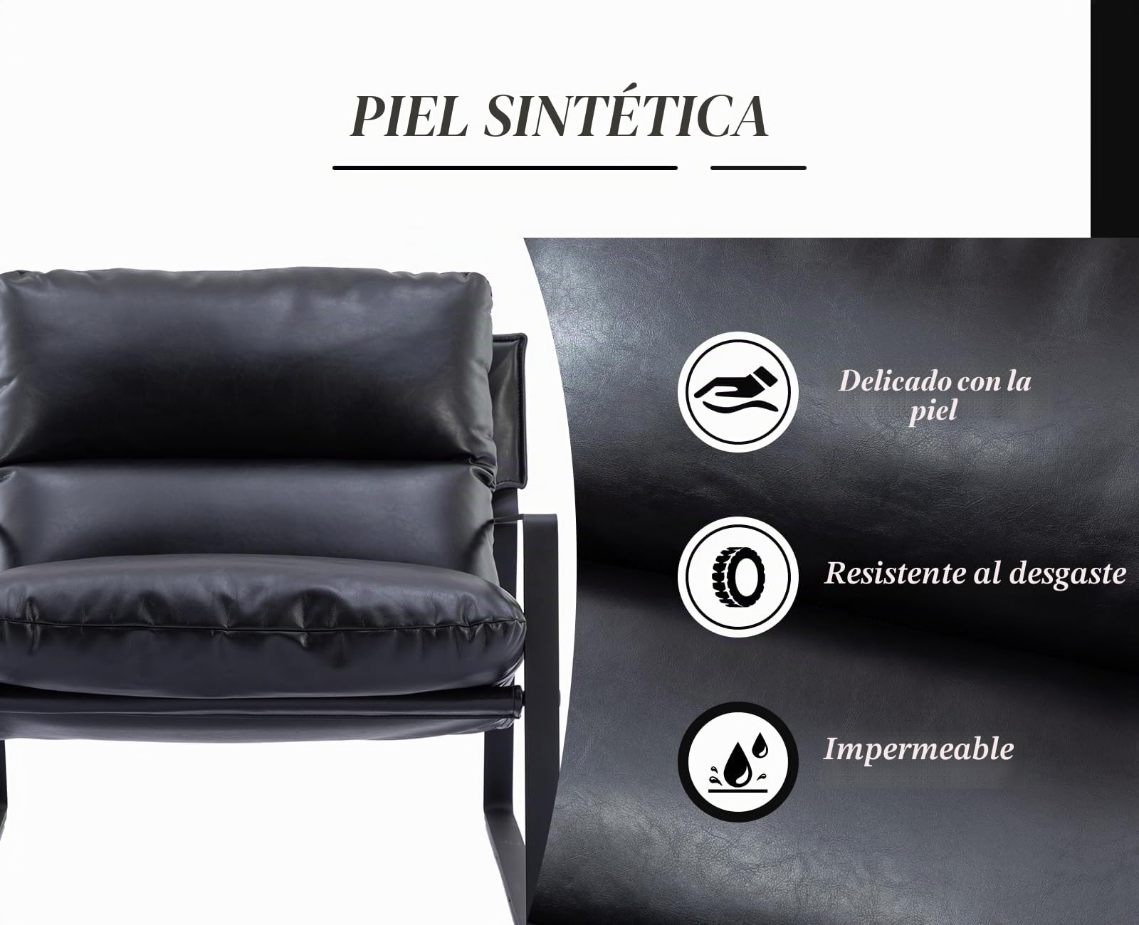 Ya-Home Sillon Individual Moderno Silla Ocio de Salón con Patas Negras,Silla Relax de PU Cuero con Brazos Butaca de Lectura Sencillo para Hogar/Apartamento,Negro