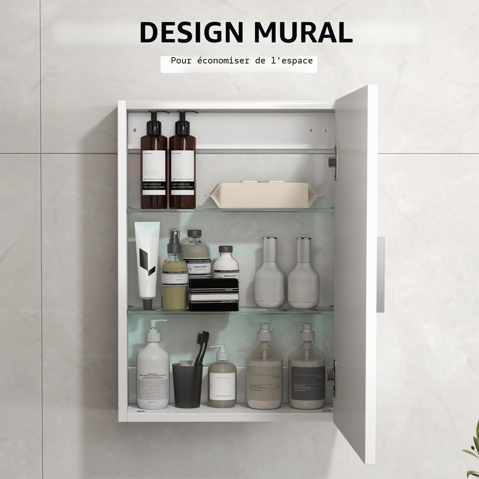 HOMCOM Armoire de Salle de Bain Murale, Meuble de Salle de Bain Suspendu avec étagères réglables en Verre trempé, Gain de Place, pour entrée, 40 x 15 x 55 cm, Blanc Brillant