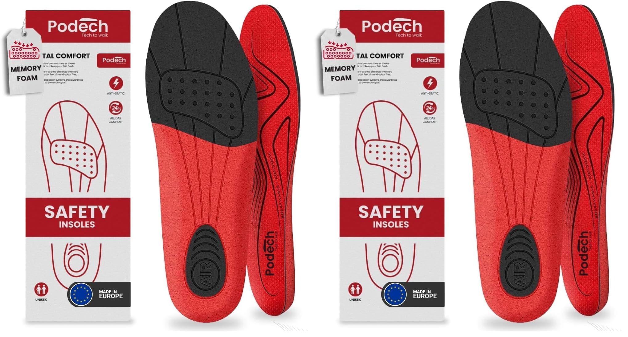 Plantillas Memory Foam Trabajo Antiestáticas, Transpirables Antiolor y Sudor, Máximo Confort 24h para Botas y Zapatos, Unisex, Soporte para estar de pie, Podech (Memory Foam, 35-40) (Paquete de 2)
