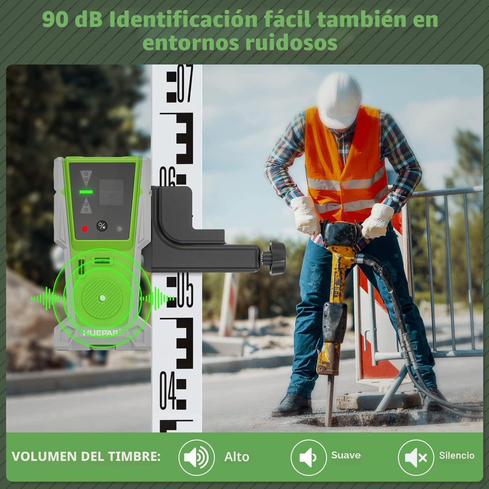 Huepar Detector láser LR-8RG para nivelación láser, receptor láser digital para haz verde y rojo, pantalla LED de doble cara e imán, lámpara doble y zumbador de 90 dB