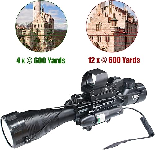 Miniatura 3 de UUQ C4-12X50 Mira para Rifle, Retícula Dual Iluminada con Vista Láser y Vista Reflex Holográfica de Punto