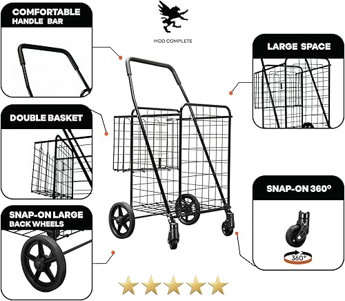 Miniatura 3 de Carro de compras de doble cesta y plegable con ruedas giratorias Wellmax WM99017S color negro
