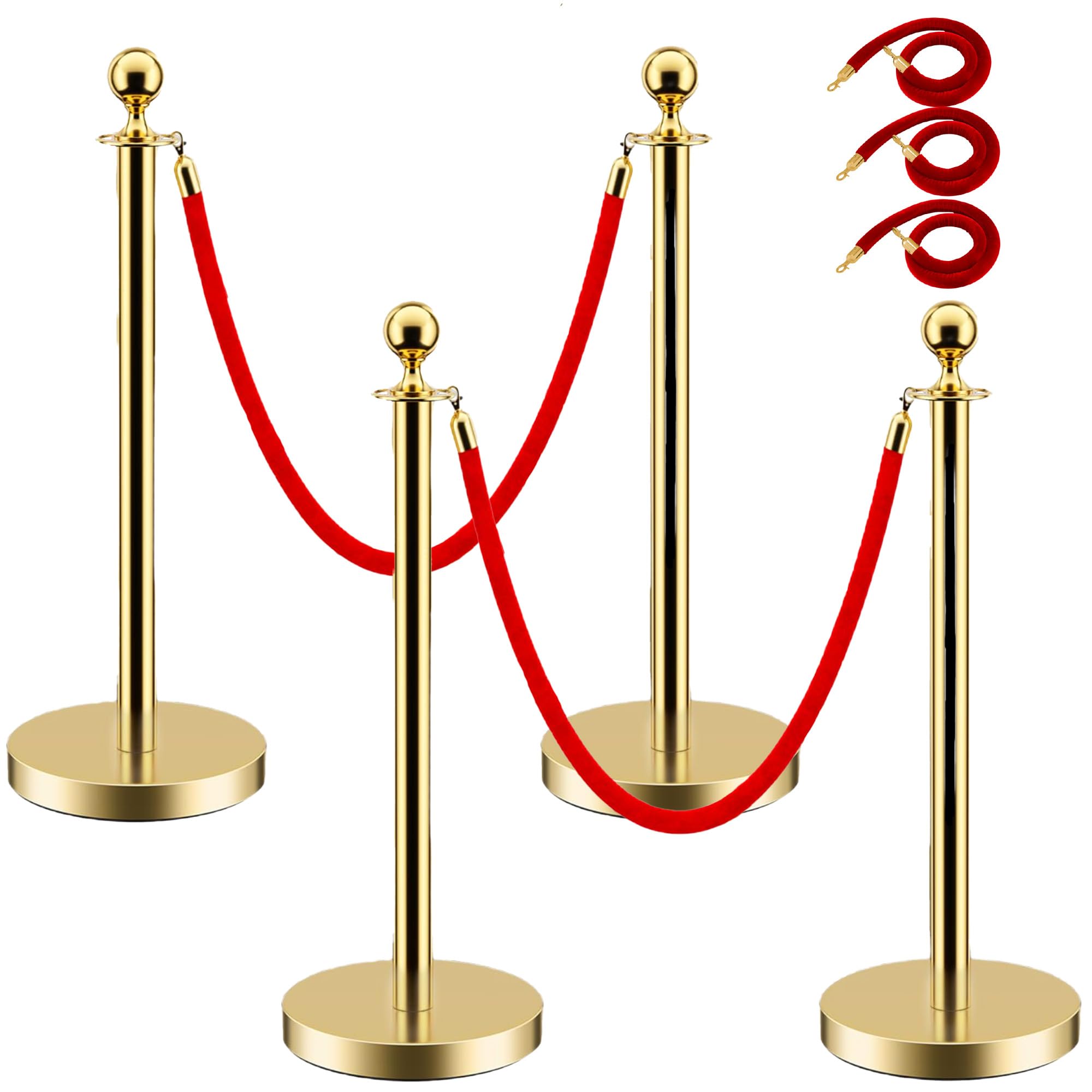 4 Pack Gold Stanchions with Red Velvet Ropes, 5 Ft Crowd Control Barrier Posts, Stainless Steel Stanchion Set for Theaters, Parties, and Red Carpet