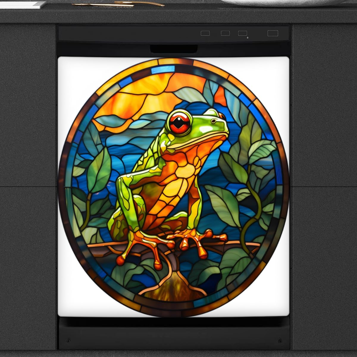 Animal Frog Leaf Glass Painting Dishwasher Magnet Cover Reusable Decorative Magnetic Door Cover Dishwasher Covers for The Front Magnetic Kitchen Refrigerator Appliance Decor 23 x 26 Inches