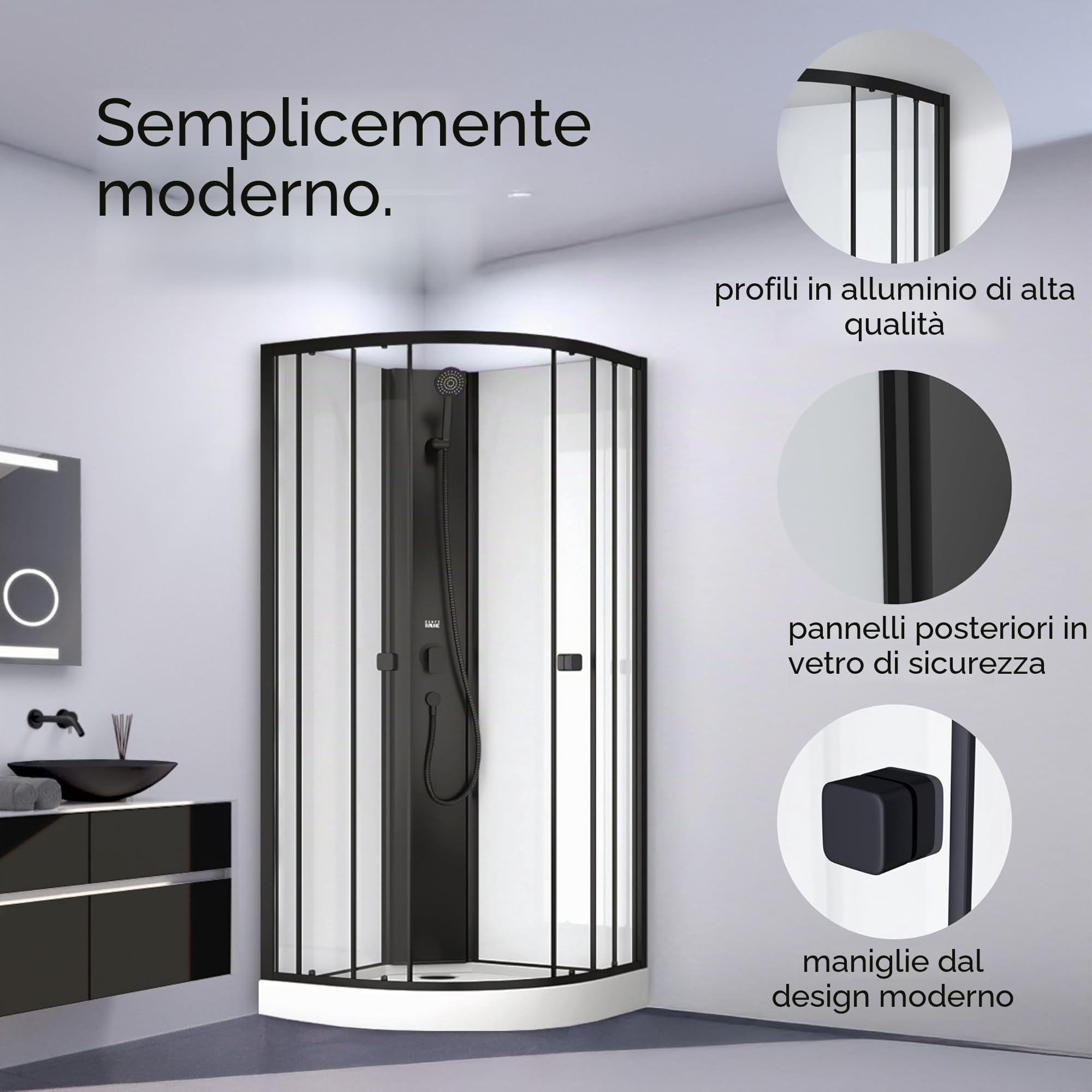 Marwell Doccia completa Prime Style – Box doccia nero/bianco 85 x 85 x 198 – Doccia prefabbricata con piatto doccia e rubinetto – Doccia con telaio in alluminio – Doccia in vetro Design moderno