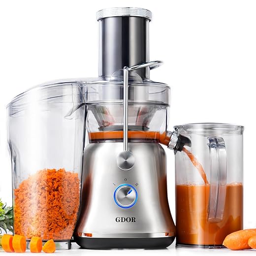 GDOR Powerful 1300W Juicer with Larger 3.4" Feed Chute, Titanium Enhanced Cutting System, Centrifugal Juice Extractor Maker with Heavy Duty Full Copper Motor, Dual Speeds, BPA-Free, Silver