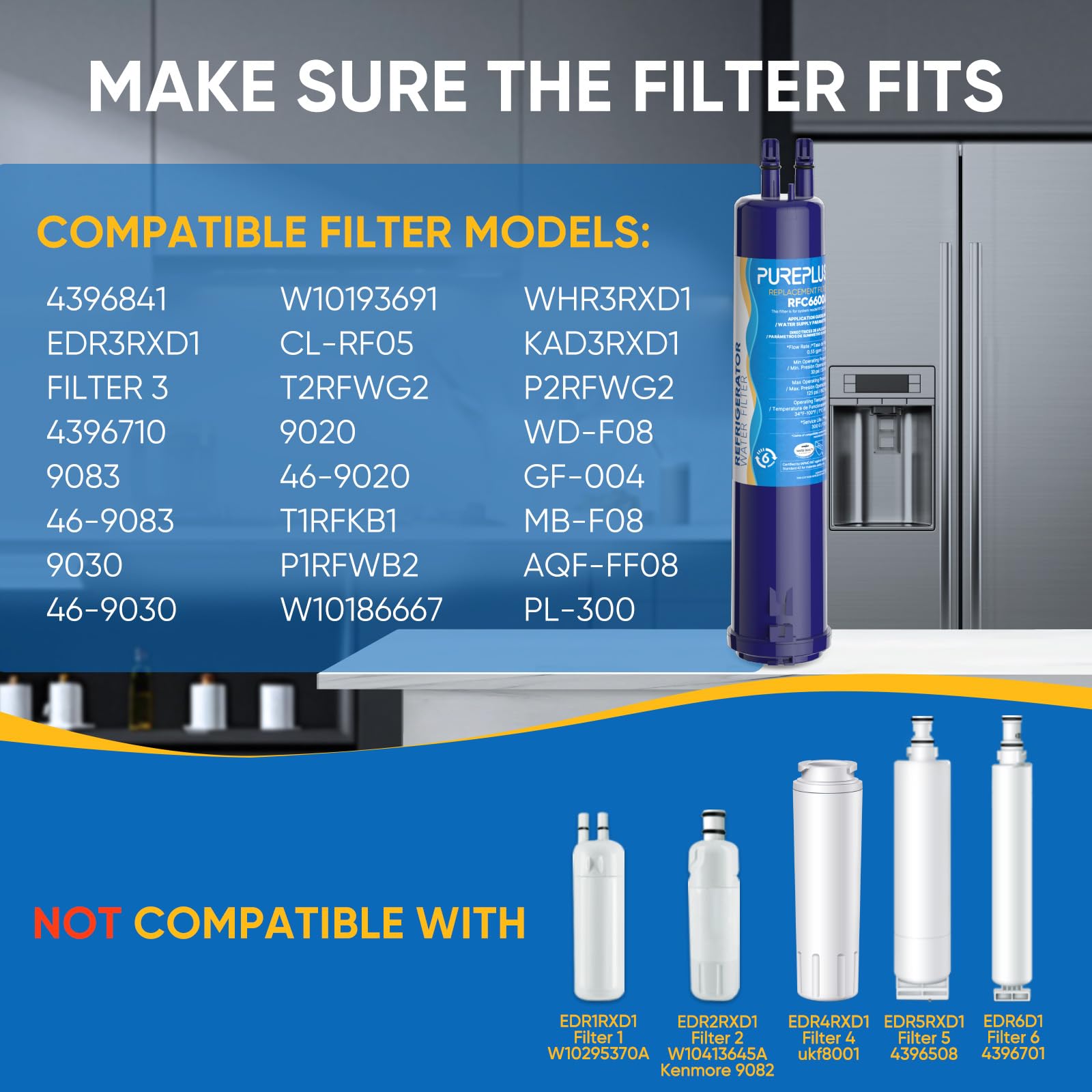 PUREPLUS Ricambio per filtro 3, compatibile con filtro dell'acqua del frigorifero 9083, confezione da 4