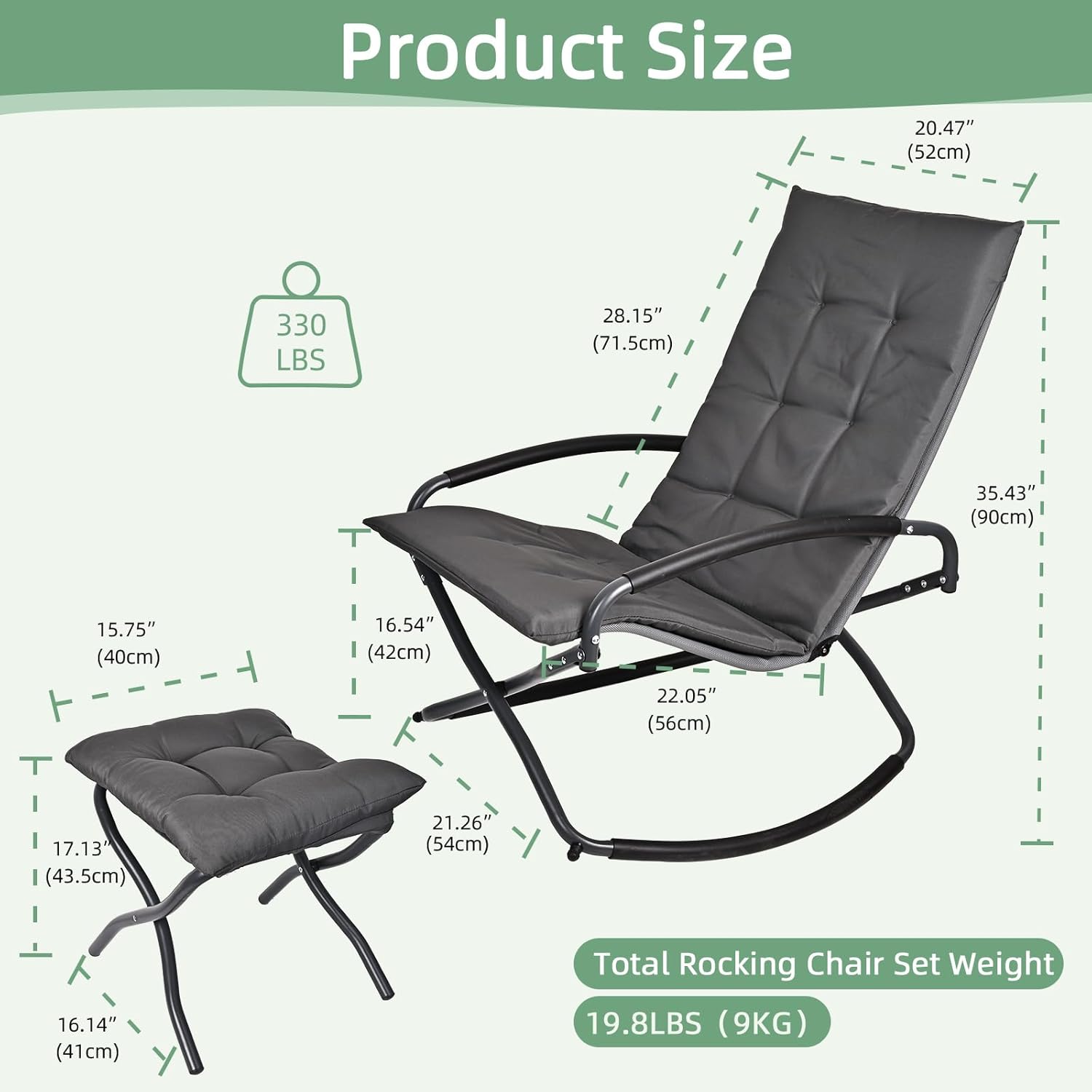 Rocking Folding Chair Recliner Chair with Ottoman Puffy Cushion Suitable for Porch Deck, Garden, Patio Lounge and Stool Set, Gray Textilene Fabric