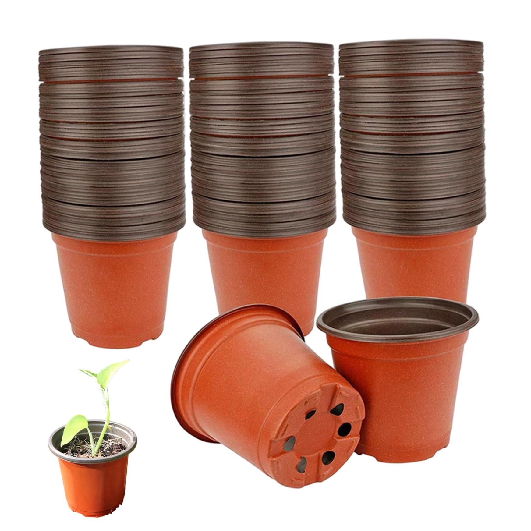 Takingup Brown 100Pcs Small Plastic Pots For Plants, 5 Inch Nursery Pots For Plants, Thickened Seedling With Drainage Hole, Round Plant Starter For Indoor Outdoor