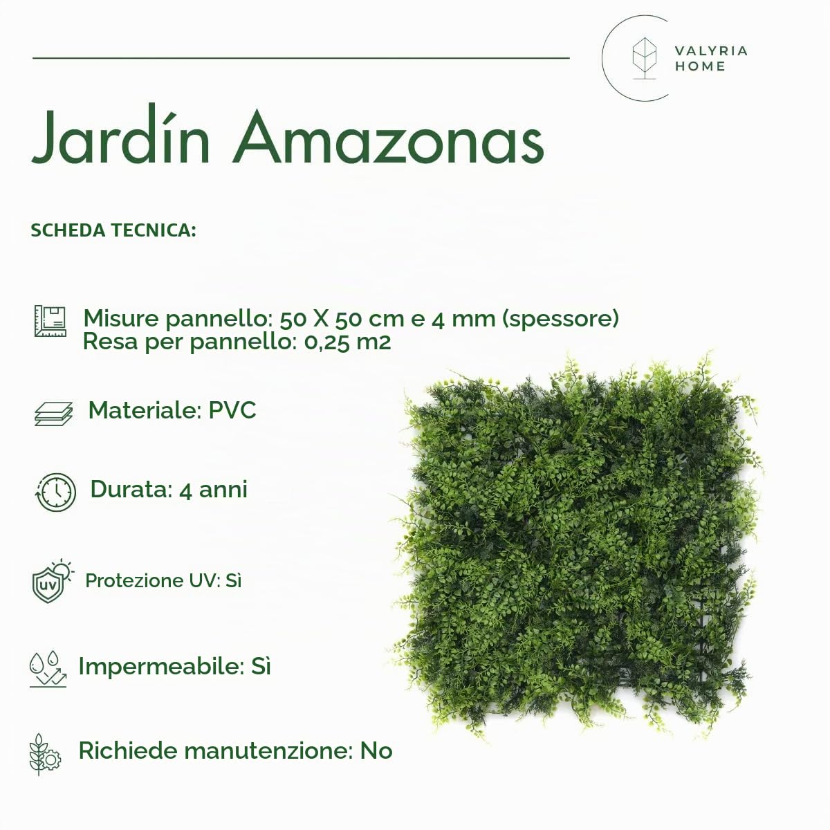 Giardino verticale artificiale per esterni e interni, parete vegetale artificiale, confezione da 4 pannelli, 50 x 50 cm (1 m²), protezione UV, design moderno, edera tropicale, pianta