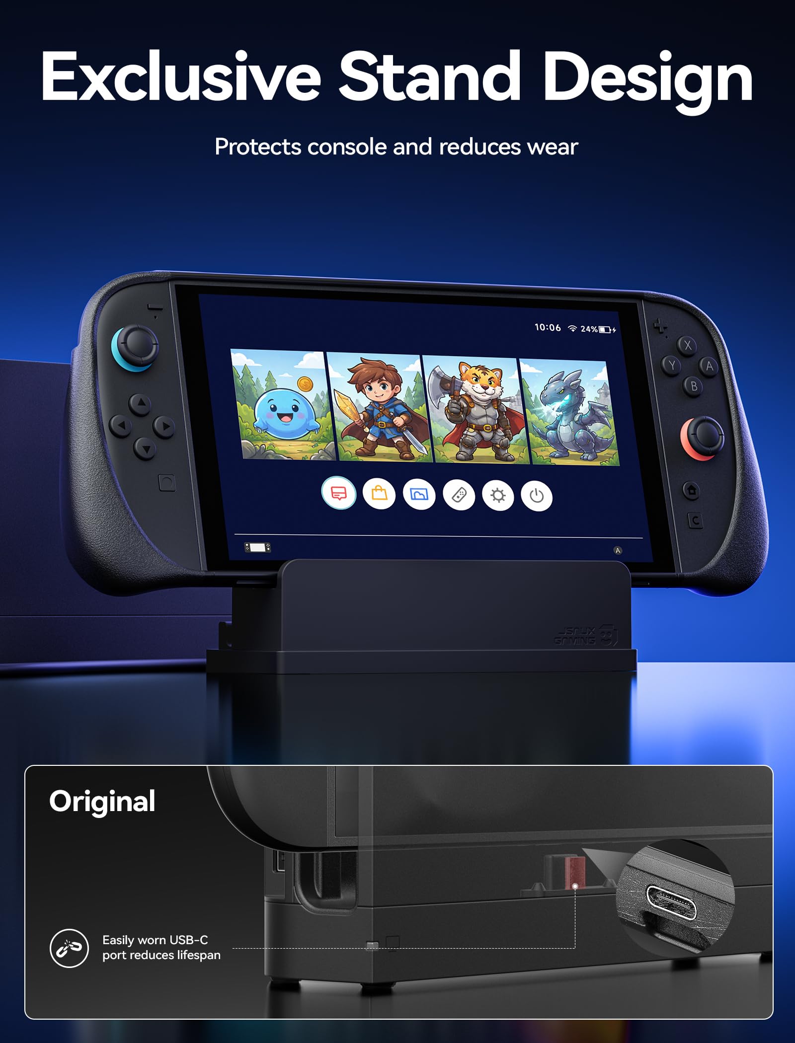 JSAUX Cable Extensor con Soporte para Dock de Switch 2, Extensión USB C de 35 cm, Carga Rápida y Datos 10 Gbps, Salida de Video 4K a 60 Hz, Función Dock 1:1, Ventilación Pasiva, para Fundas Gruesas — view 6