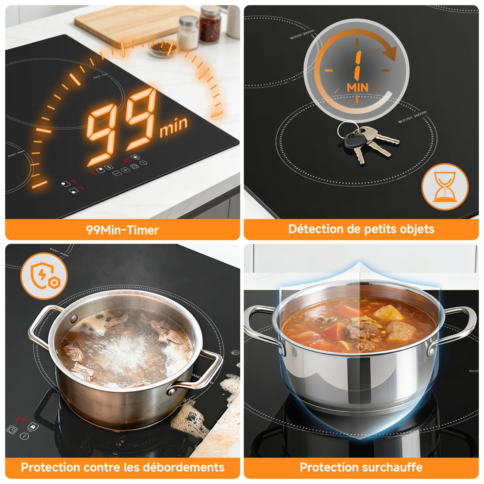 AMZCHEF Plaque Induction 3 feux 7400W avec 9 Niveaux de Puissance et Fonction Boost, Sécurité