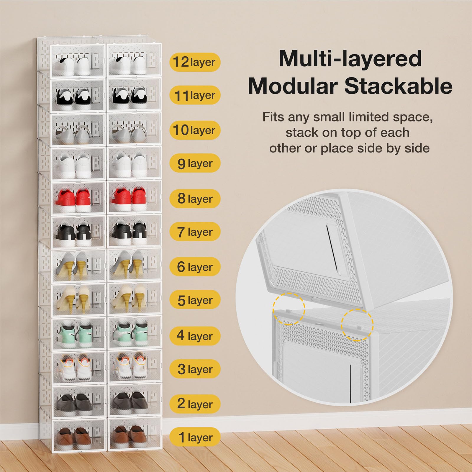 Paquete de 12 cajas de almacenamiento apilables de plástico transparente para zapatos, ahorro de espacio y plegables con puerta transparente para ventilación y almacenamiento a prueba de polvo, color
