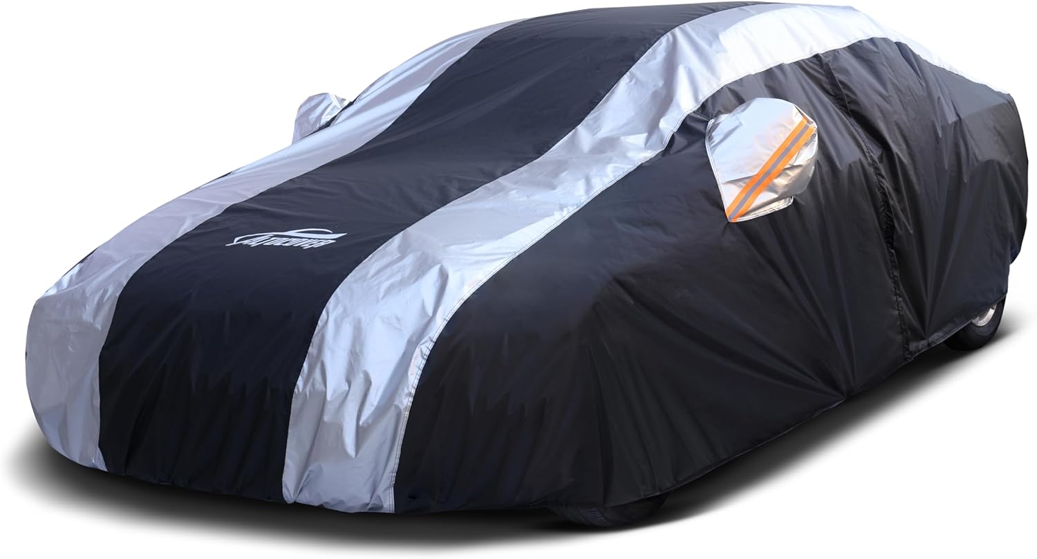 All-Weather Waterproof Car Cover with Silver Stripes - Universal Fit Kia Stinger K5, Chevy Malibu, BMW 3 Series, Cadillac CT4 & More