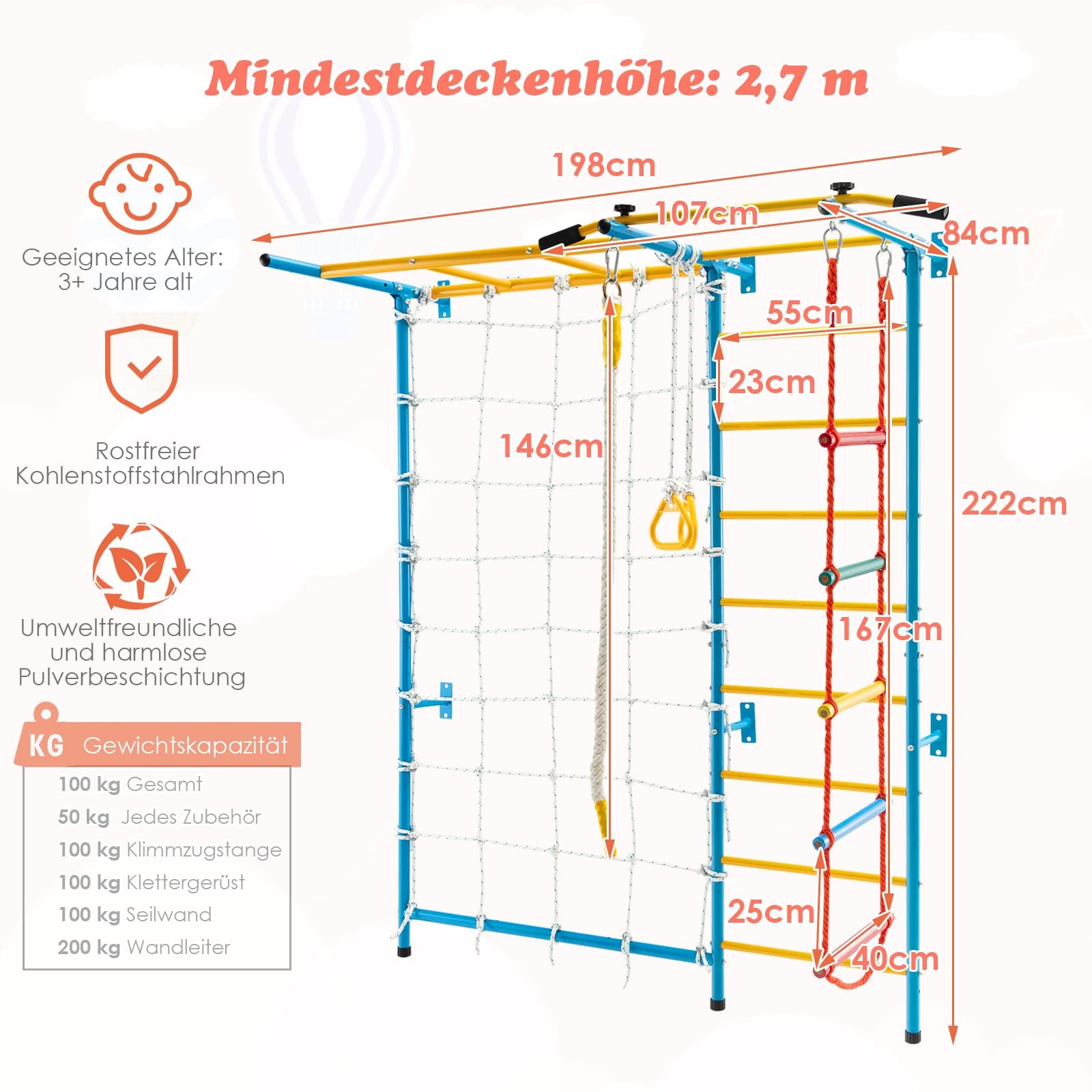COSTWAY 7w1 Ściana Wspinaczkowa Metalowa z Drążkiem, Drabinką, Liną i Siatką dla Dzieci
