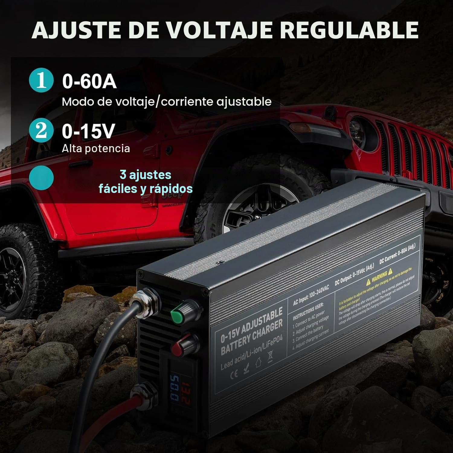Cargador LiFePO4 14.6V 60A, Cargador de baterías Ajustable 0-15V/0-60A, Cargador para baterías de Litio 12V con Carga rápida y función de Goteo, para automóviles, Motos, baterías Marinas