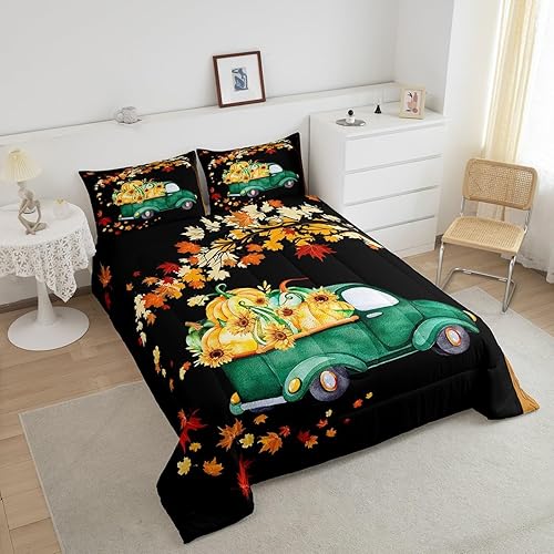 Miniatura 3 de CYJS11386ZMD-BZ_USk - Juego de edredón de otoño con diseño de calabaza, camión, automóvil, hojas de arce, cosecha de otoño, rústico, para niños,