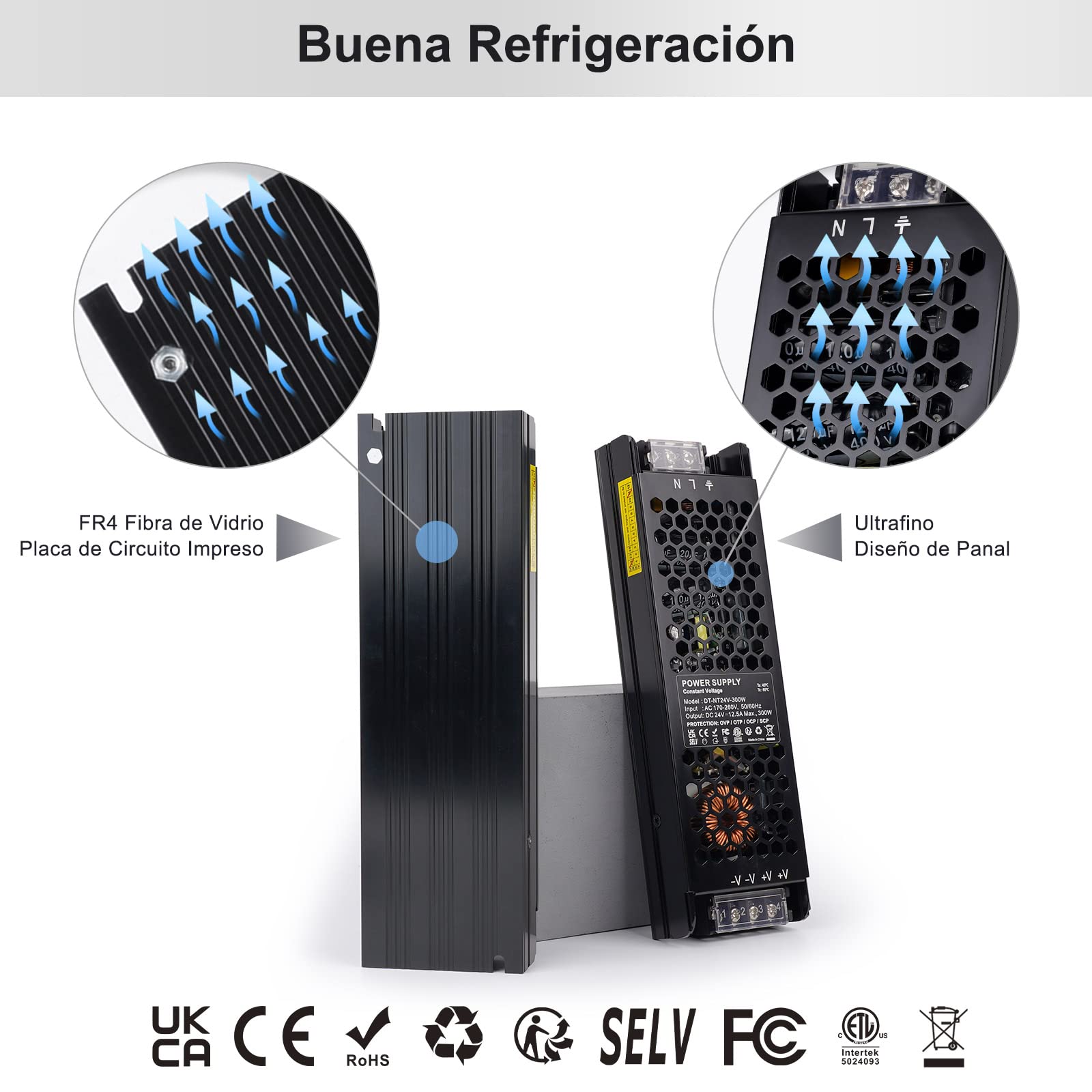 REYLAX Transformador 220V a 24V 300W 12,5A, Fuente Alimentación de Voltaje Constante, Transformador de conmutación de CA a CC, Driver de Bajo Voltaje para Tiras LED, Luces de Gabinete