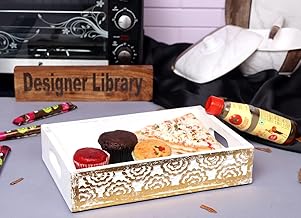 12 Inches Small Size Rectangular Cricle Wooden Tray for Serving and Decoration Made by Mango Wood & MDF with Hand Carving and White & Golden Color | Pack of 1