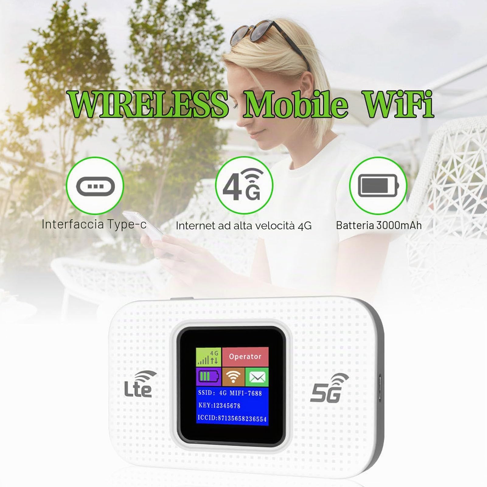 lyrlody Router 4G Portatile, Hotspot WiFi Mobile Modem WiFi 300Mbps 4G LTE con Slot per Scheda SIM, per un Massimo di 10 Dispositivi Compatibili con Telefono, Tablet e Laptop