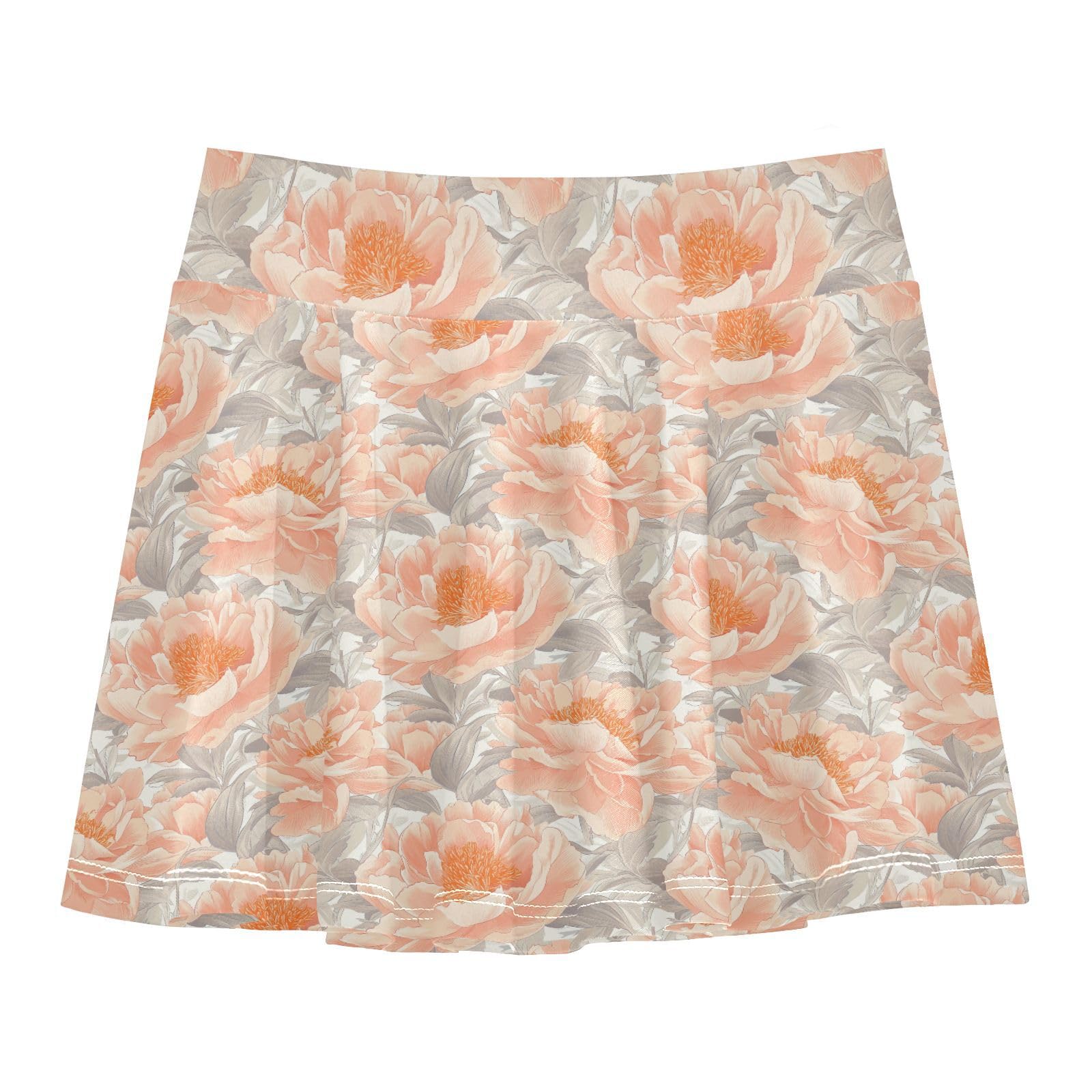 JUNZAN Elegant Peonies Girls Skorts with Shorts Flowy Little Girls Skirt Girl Pleated Skirt with Pockets 4-12Y