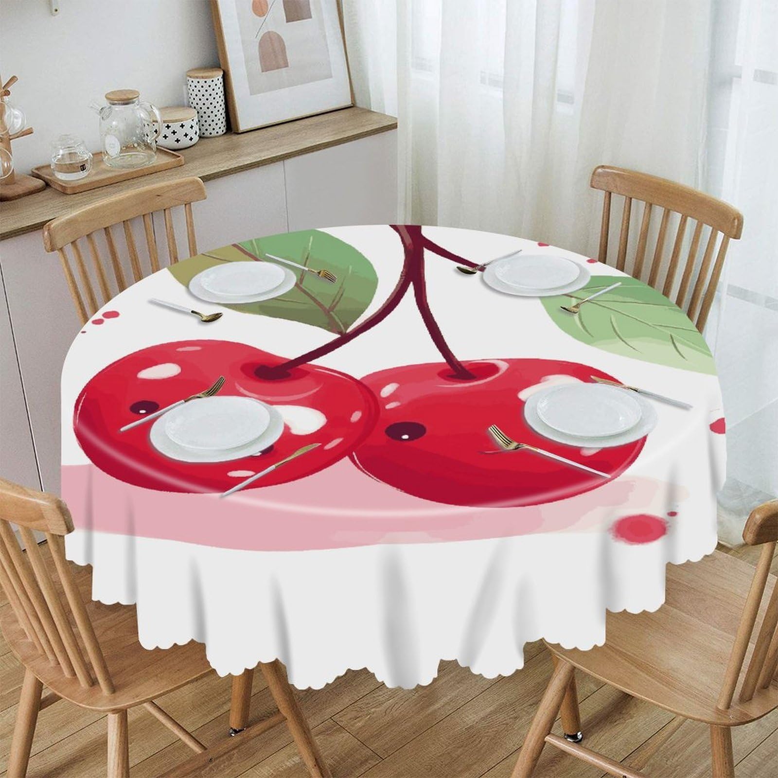 VstaDank Cute Cherry Round Tablecloth Wipeable Round Polyester Tablecloth Waterproof Wrinkle Free Indoor and Outdoor Table Cover 60 Inch Decorative Farmhouse Table Cloth for Dining