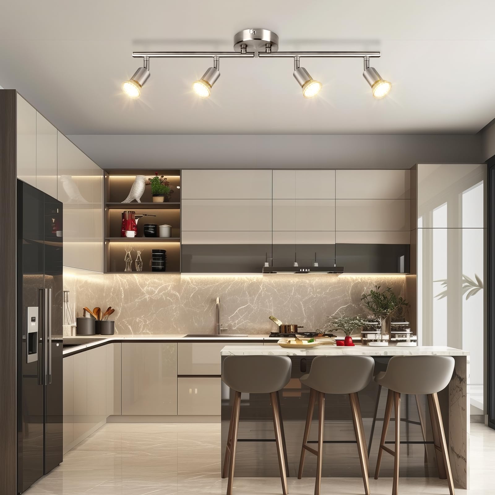 Obrotowy reflektor sufitowy - niklowana matowa 4-drożna lampa sufitowa GU10 LED Zakres LED 350° nowoczesne lampy do kuchni, salonu, bez żarówek