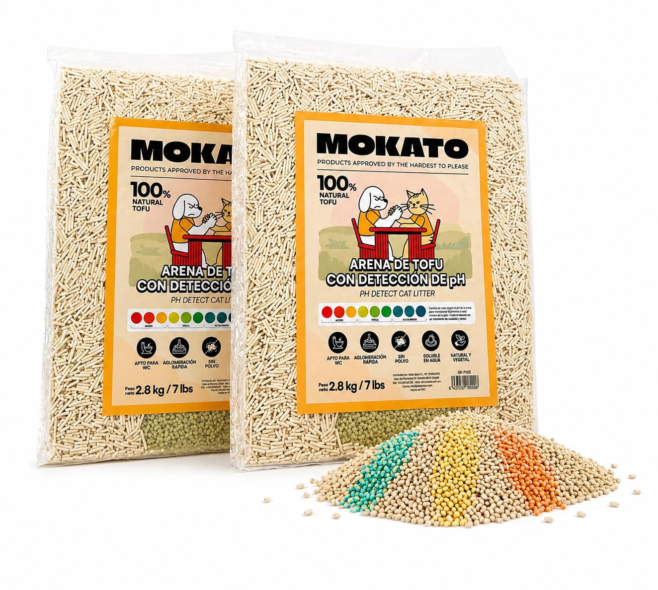 Arena de Tofu para Gatos con Indicador de pH - Pack 2 (5,6 kg) Mayor Duración | Detecta Problemas Urinarios, Sin Polvo, Aglomerante, Antiolor, Biodegradable - Mokato