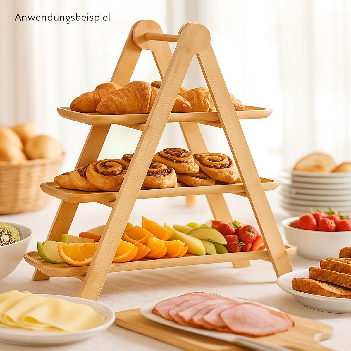 Murago - Bambus Etagere mit 3 Ablagen - Servieretagere Dreistöckig Buffetständer Servierständer Dessert Cupcake Brot Ständer Gebäck Obst Käse Tapas Fingerfood Frühstück länglich Deko Holz Landhausstil