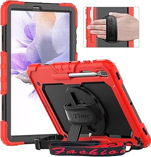 Timecity Samsung Galaxy Tab S8 Plus Case 2022 /Tab S7 FE Case 12.4" 2021 (SM-X800/X806, SM-T730/T733), Full-Body Shockproof Rotating Stand Case with Screen Protector/Strap for Tab S7 Plus, Red