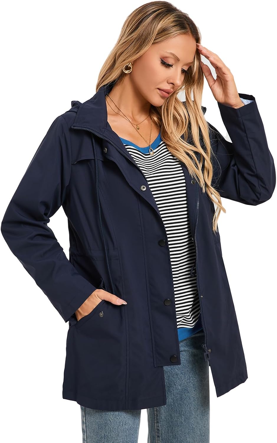 SaphiRose Women's Long Rain Jacket Waterproof Rain Coat with Hood Outdoor Light Raincoats Windbreaker - Image 3