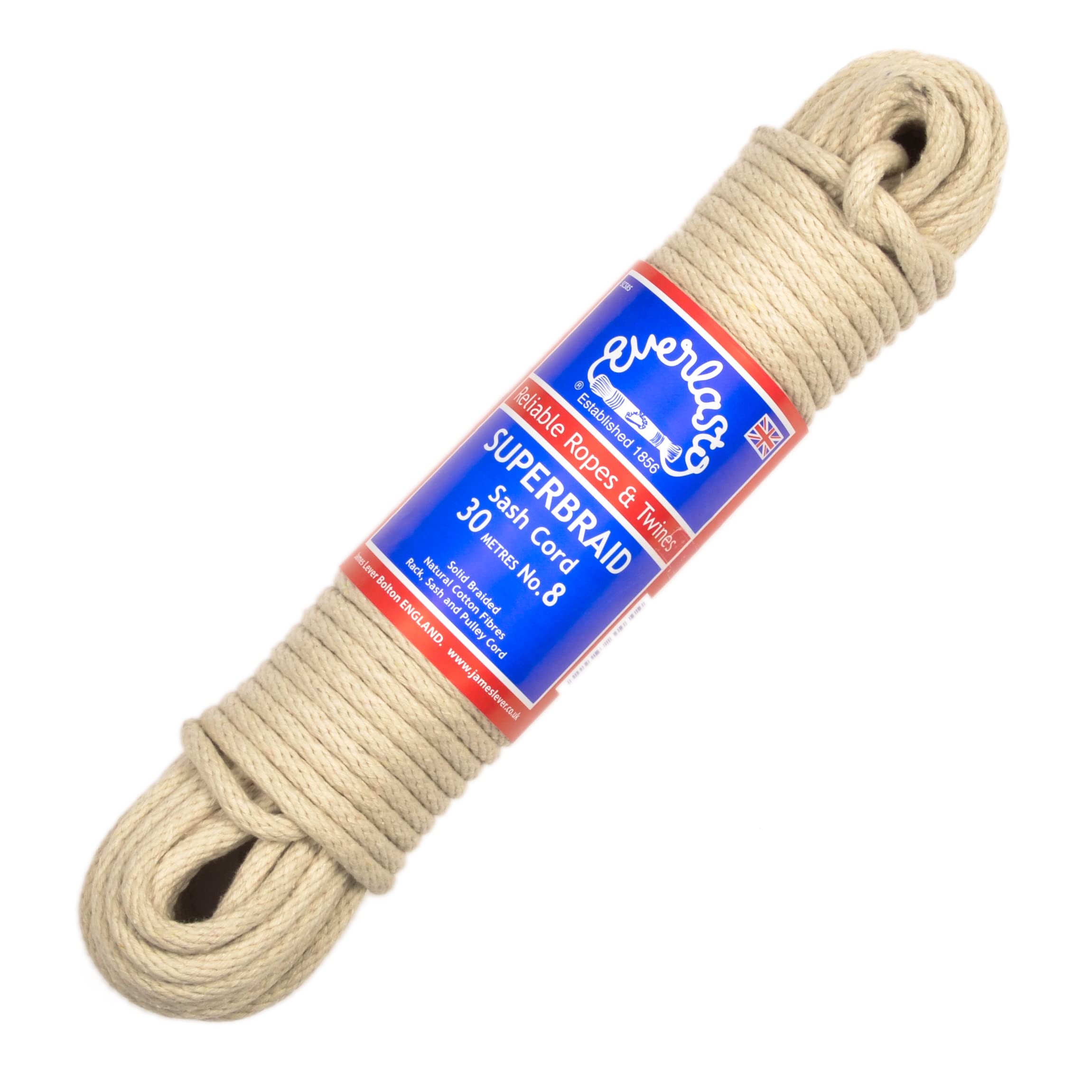 Everlasto Natural Uk Made 'Superbraid' Solid Braided Cotton Sash Cord - No.8 (6.5Mm) (6.5Mm X 50M)