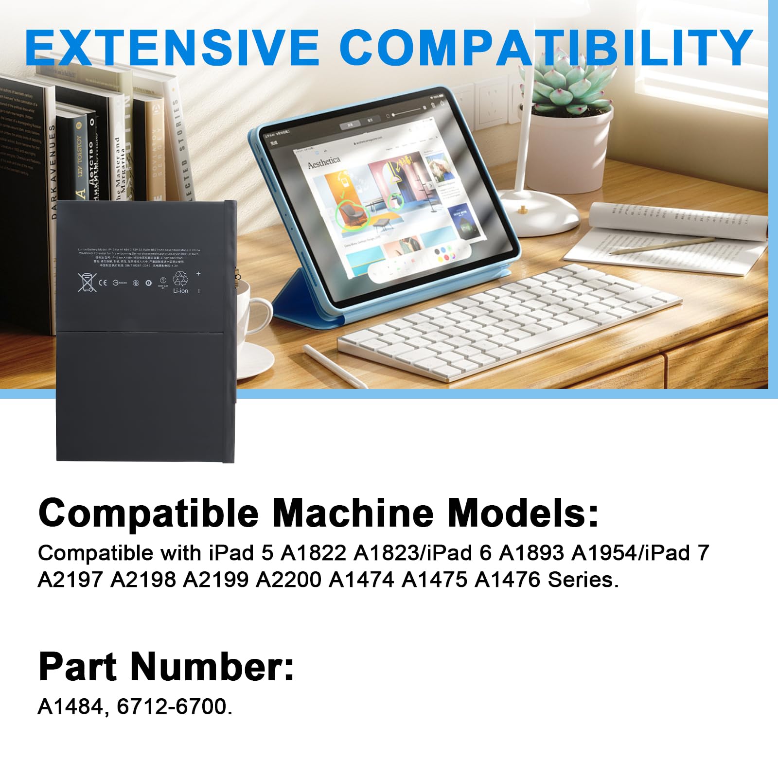 Batteria A1484 Compatibile con iPad di 5a, 6a e 7a Generazione, A1474 A1475 A1476 A1822 A1823 A1893 A1954 A2197 A2198 A2200 A2270 A2428 A2429 A2430 MRJN2LL/A MD785LL/A MD786LL/A MD787LL