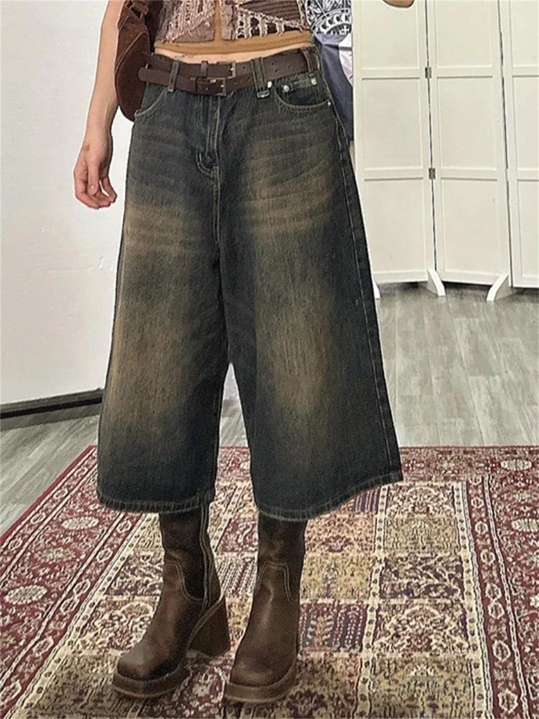 Damskie szorty jeansowe z wysokim stanem w stylu High Street w stylu vintage z szerokimi nogawkami