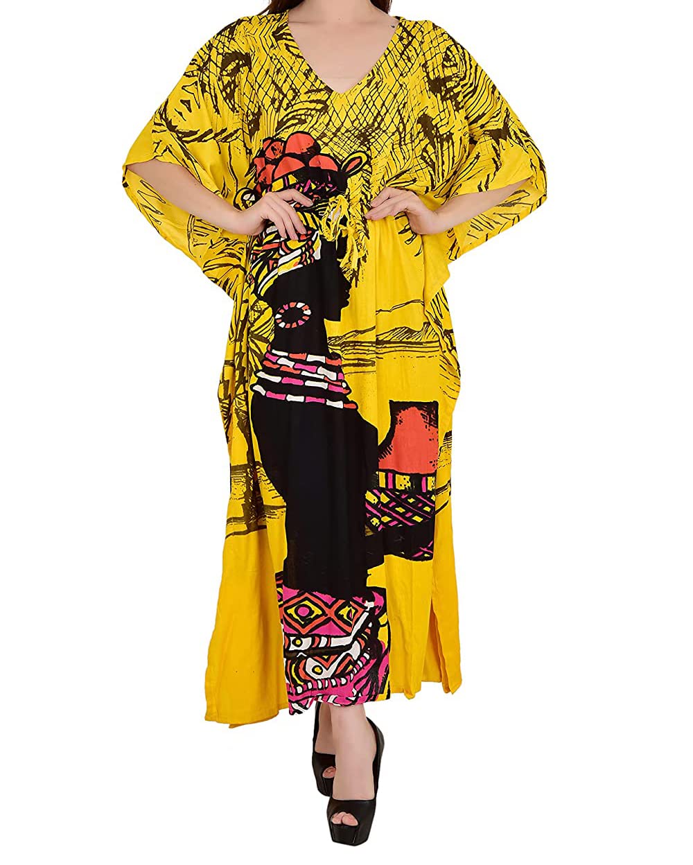Ukal Caftan en coton pour femme - Impression numérique - Caftan - Robe longue - Longueur cheville - Sarong - Jaune - Taille unique
