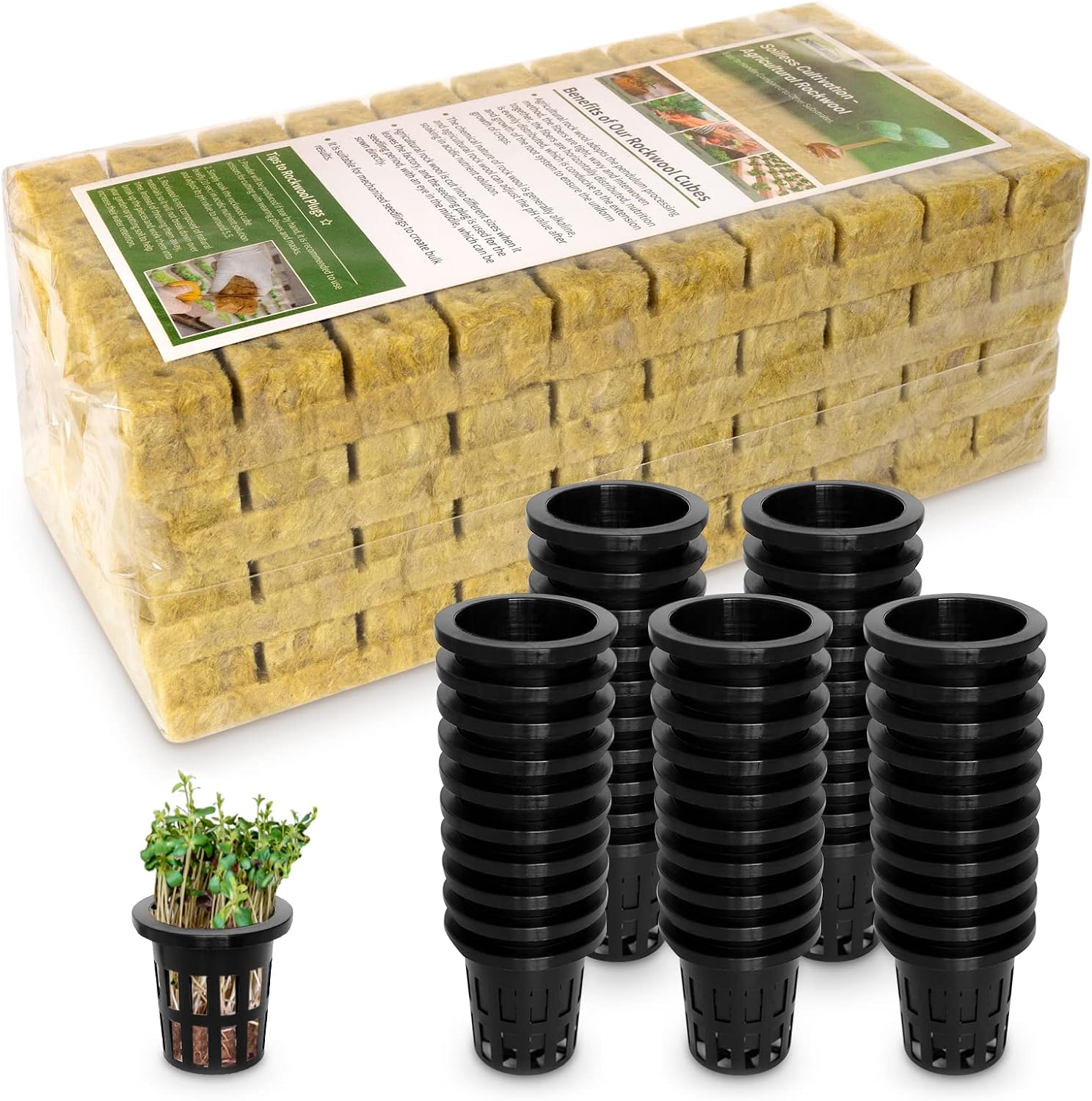 1" Rockwool Cubes for Hydroponics 200 Plugs with 50 Pack 1.5 inch Net Pots Hydroponics Supplies Cups for Rooting, Clone Plants, Starting Seeds, Ideal Rockwool for Hydroponic Growing