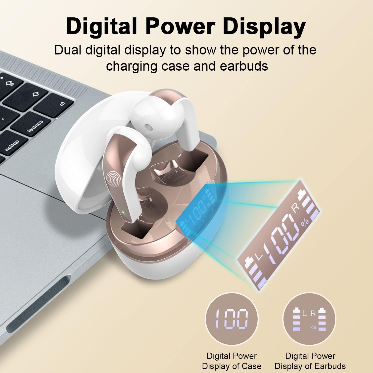 Cuffie Bluetooth, Auricolari Bluetooth 5.3 con Bassi Icmmersivi, Cuffie Wireless Mini Incorporato HD Mic, IP7 Impermeabili Cuffiette Bluetooth, 40H Cuffie Senza Fili con Display LED, Bianco (2024) [Classe di efficienza energetica A+++]