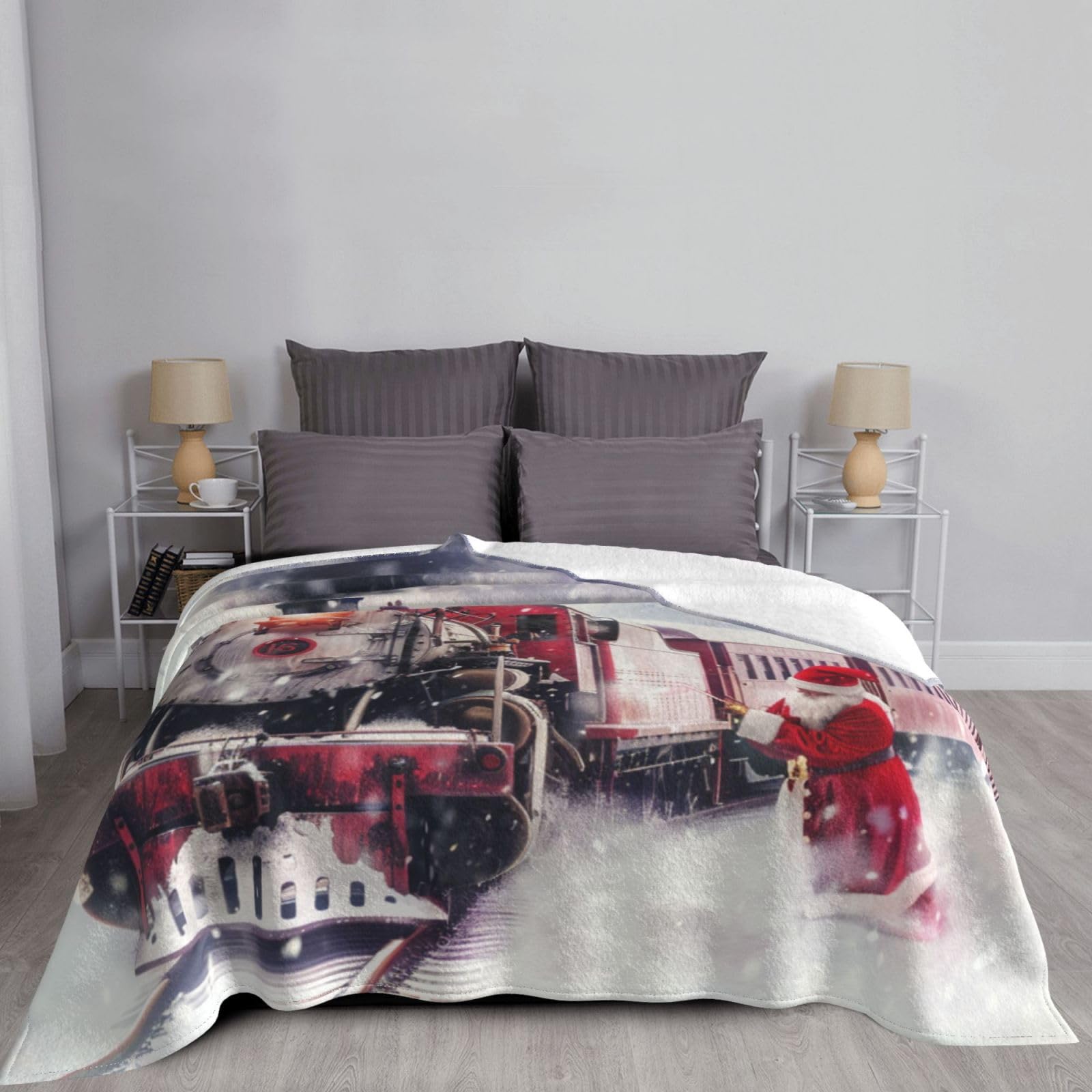 Mexpekil Coperta invernale con treno a vapore, motivo natalizio con fiocco di neve, morbida e calda, in flanella, decorativa, per letto, divano, viaggio, 125 x 150 cm