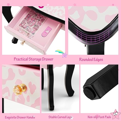 Miniatura 12 de Costzon Juego de mesa de tocador y silla para niños con espejo, taburete, cajón de almacenamiento, tocador de madera de princesa para niñas