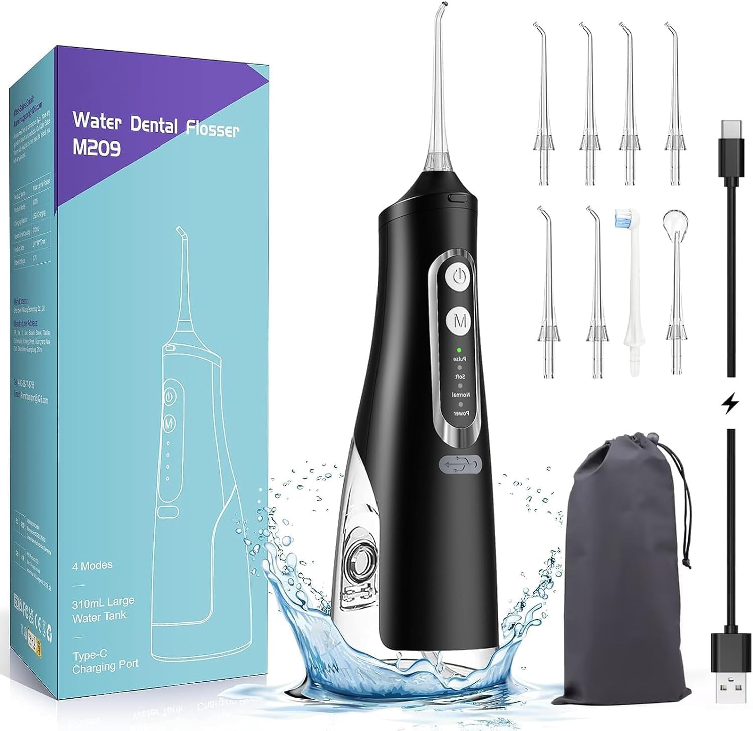 Water Dental Flosser Professional Irrigator for Dental & Oral Care with 8 Tips 4 Modes 310mL Large Capacity IPX7 Waterproof Rechargeable and Portable Cordless (Black)