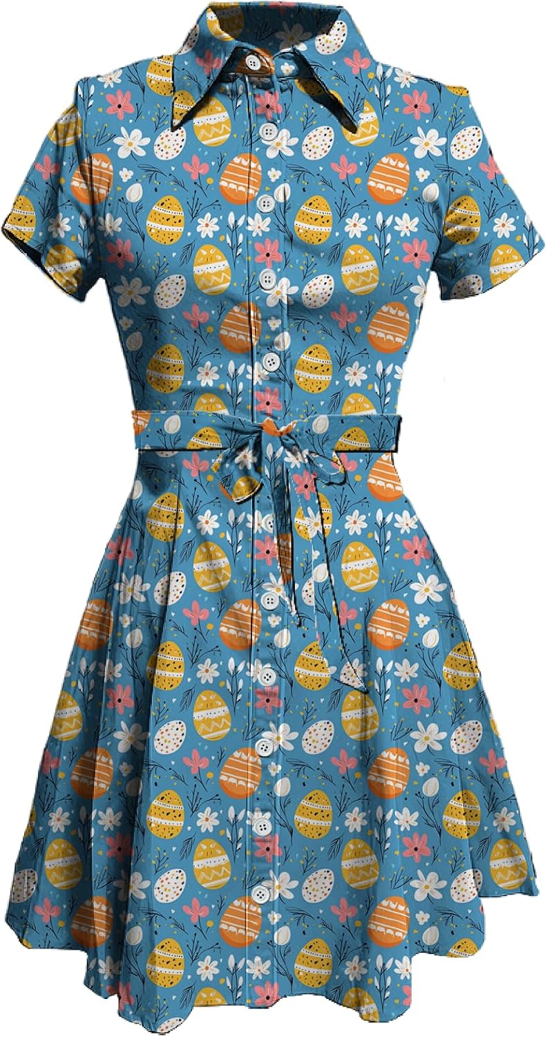 MARSVOVO Cute T Shirt Dress for Women Short Sleeve Button Up Tie Waist Elegant Casual Collared Smocked Midi Dress