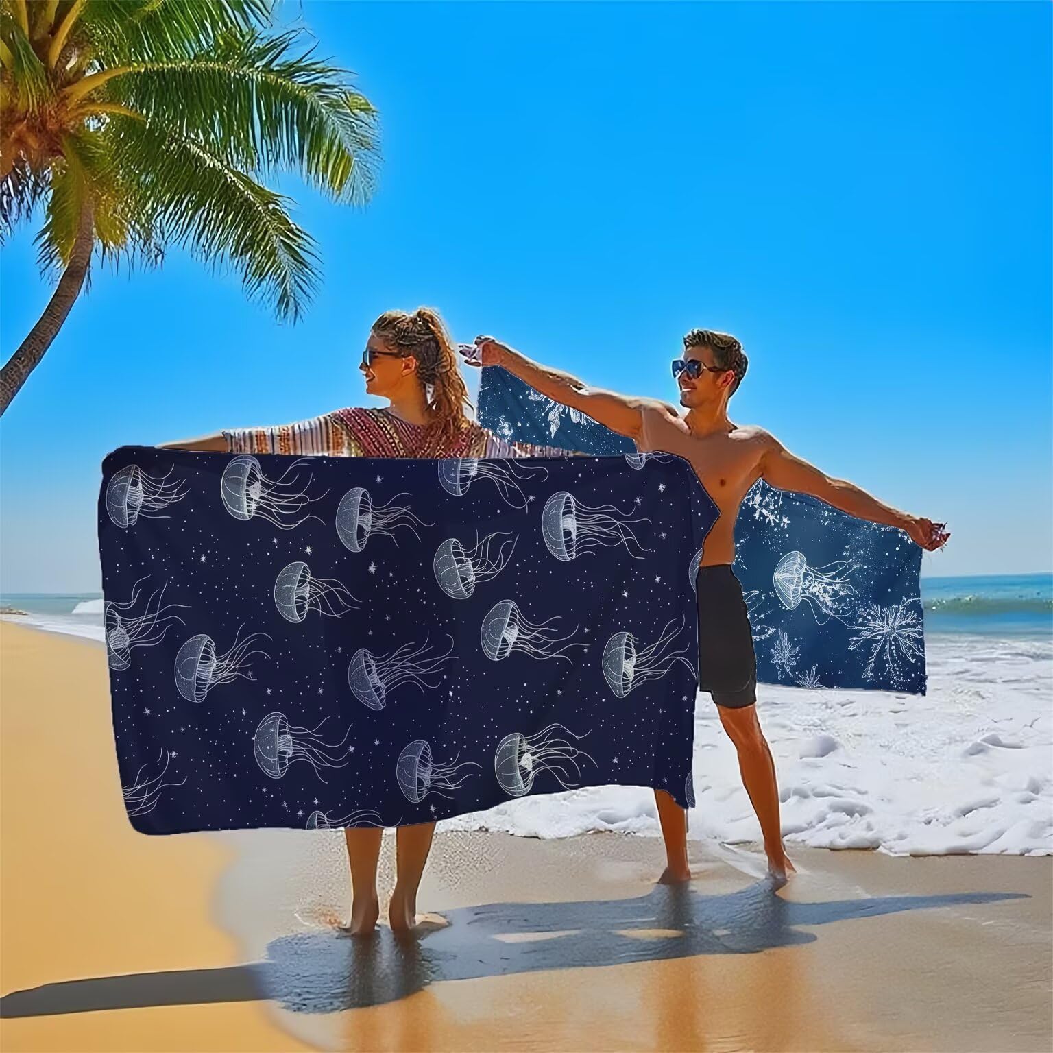 Bleu Serviette de Plage 100x200cm Lot de 2, Méduse Serviette Microfibre Ultra Absorbantes Séchage Rapide Anti Sable Léger Transport Compacte Drap de Plage pour Piscine Voyages Femme et Homme, Model579