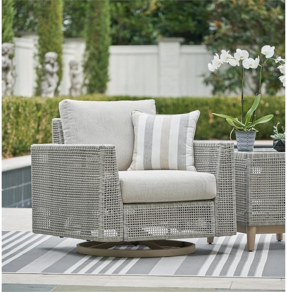 BOWERY HILL Outdoor Swivel Lounge Chair, Gray Resin Wicker, Aluminum Frame, Nuvella Fabric Cushion, 35" W x 36" D x 36" H, 360-Degree Swivel, Gliding Motion, Durable Contemporary Patio Seating