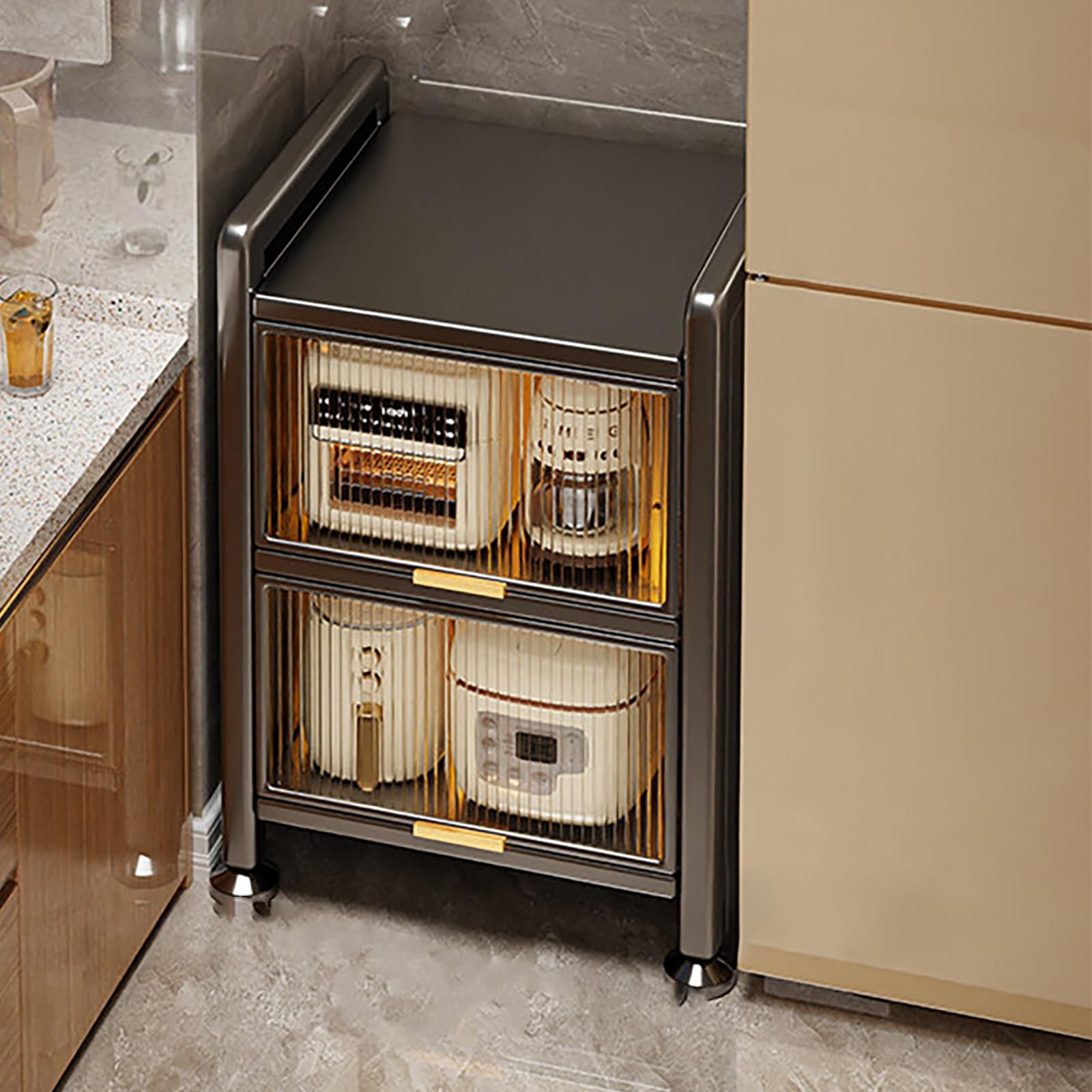 Carrito de almacenamiento delgado con puertas abatibles, despensa transparente, estante de acero al carbono para cocina, sala de estar, comedor, 23.6 x 16.5 x 31.5 pulgadas, color gris